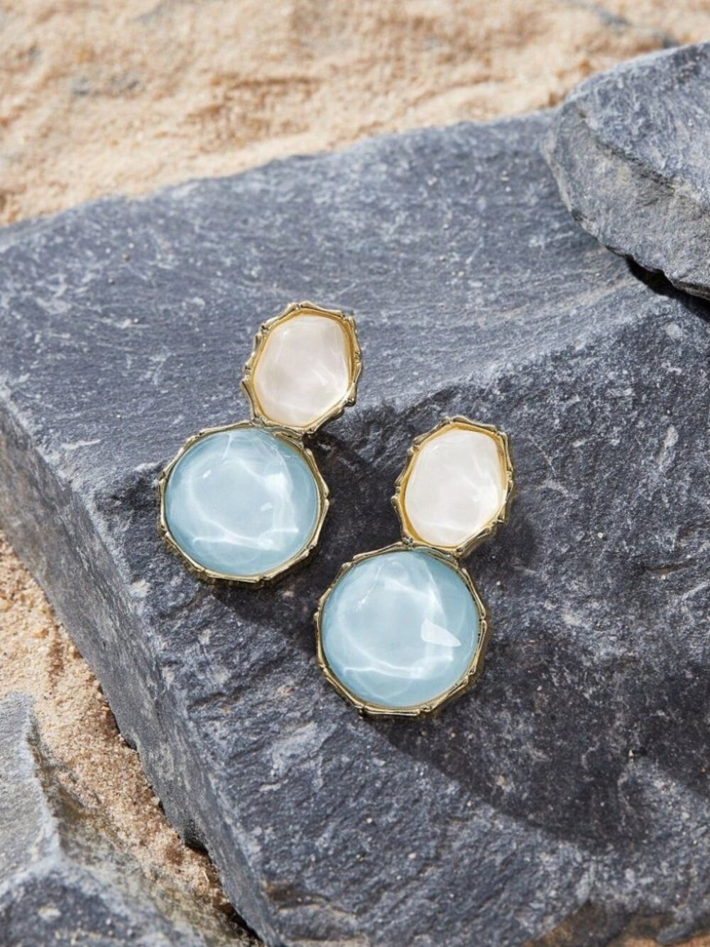 Gold Cream & Aqua Stone Drop Earrings